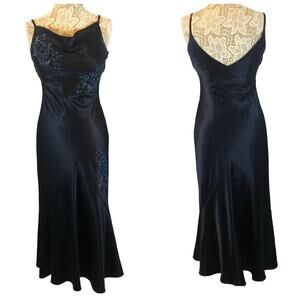 Y2K Alex Evenings navy beaded slip cowl neck floral satin formal Gown small